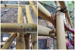 Bamboo spacers are used to adjust the levels to achieve balance