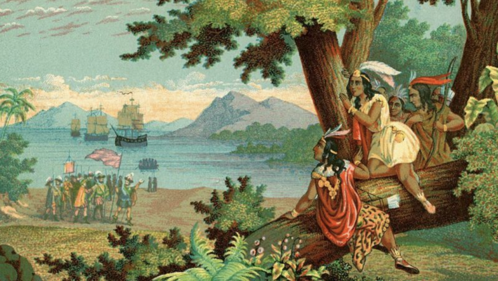 BAMBOO U - Christopher Columbus' arrival in the Americas (Lithography by Thomas Sinclair)