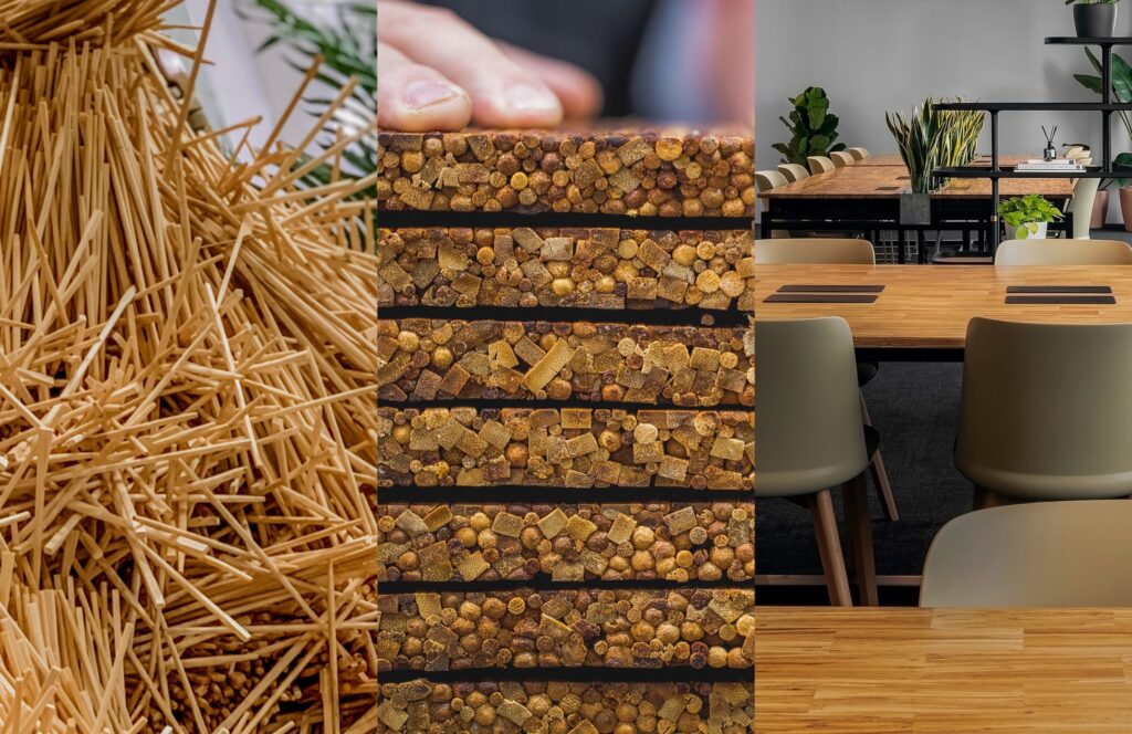 Collage showing wood shavings, stacked firewood, and a modern conference room with plants.