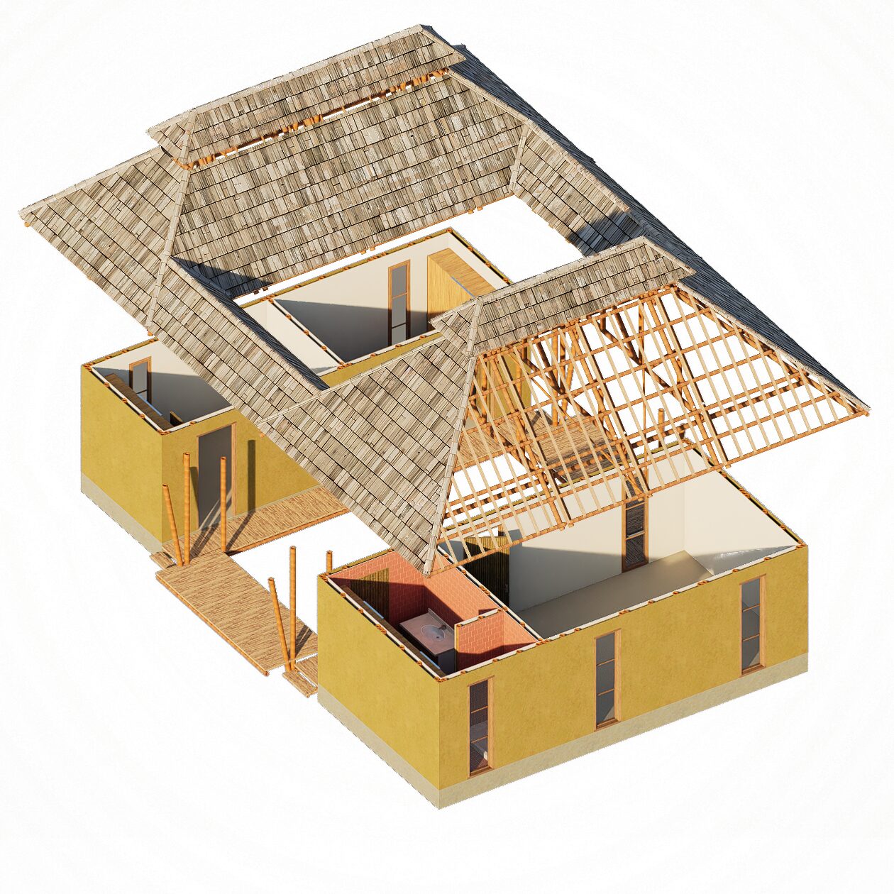 Axonometric view of Jean Renaud's courtyard bamboo house, built with Base Bahay CBFT panels