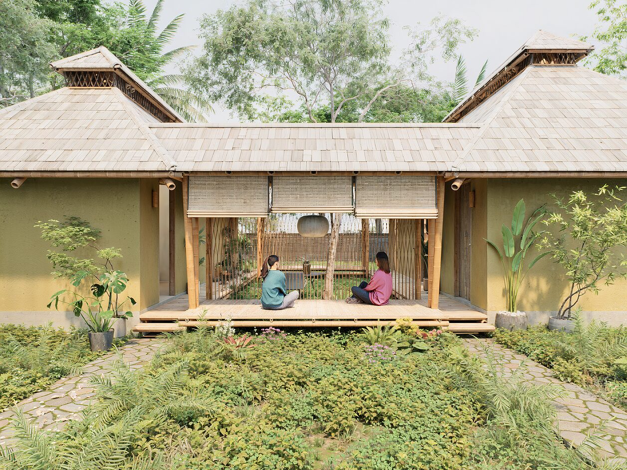 Front entrance and open courtyard of the bamboo social house