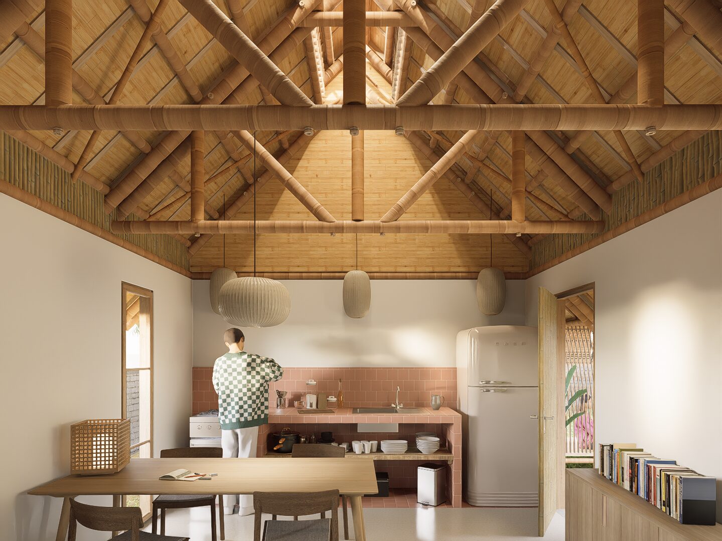 Kitchen and dining interior of the bamboo social housing design