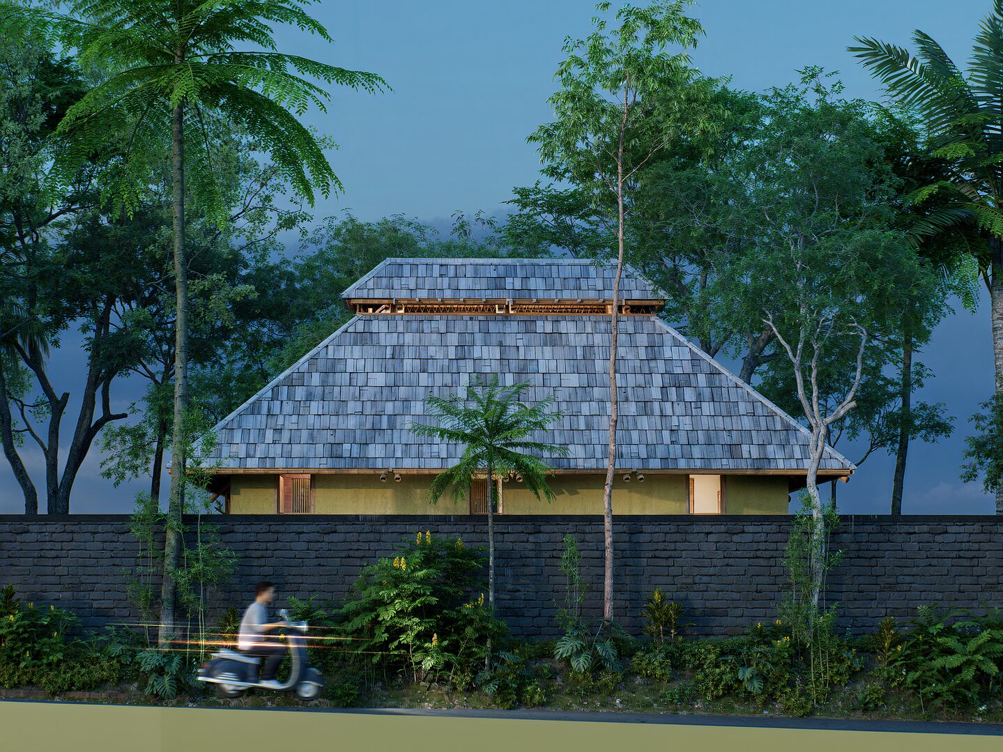 Street view of Jean Renaud's bamboo social housing design
